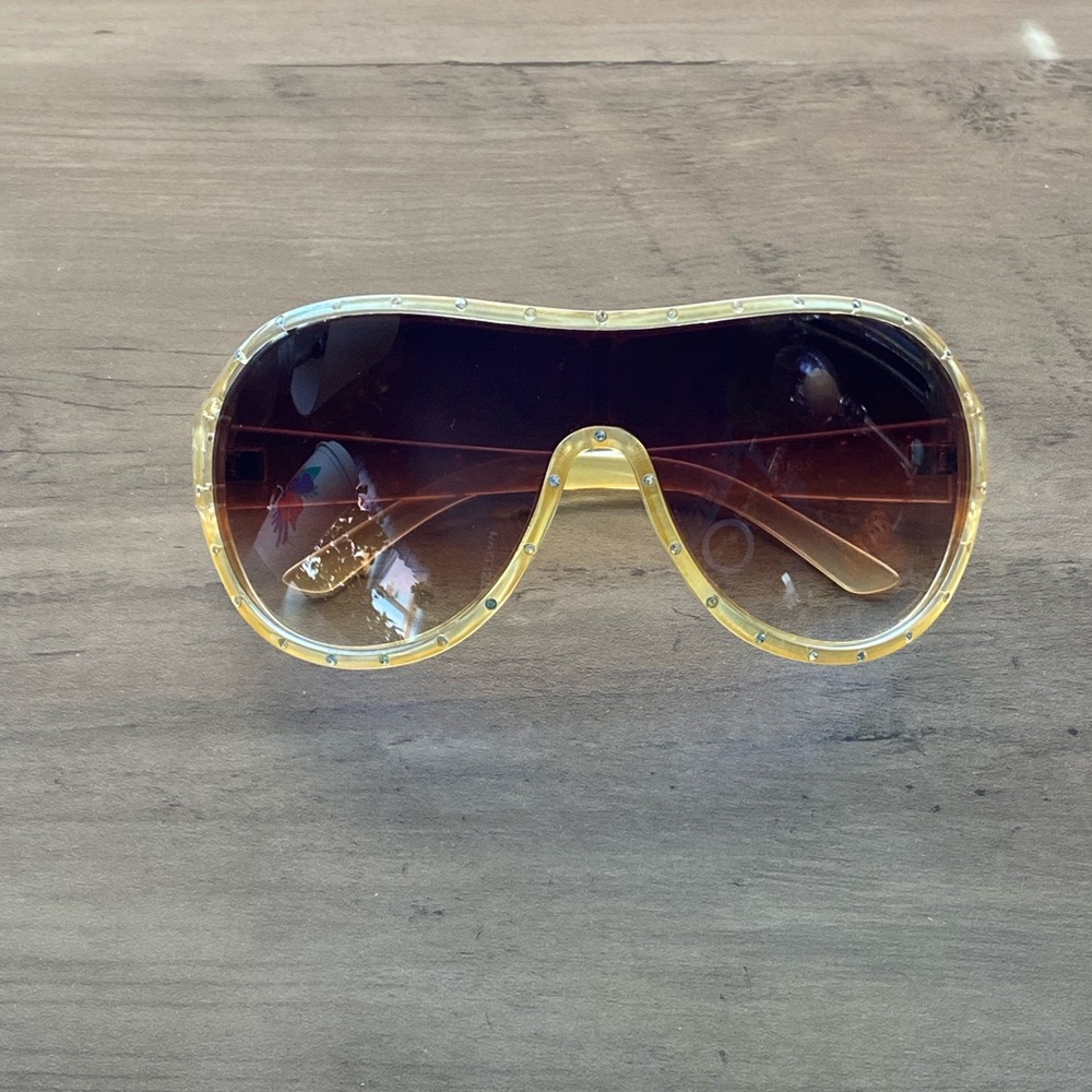 RARE Y2K Gold Aviator Rhinestone Sunglasses! Yellow Frame Glasses Dark Lenses